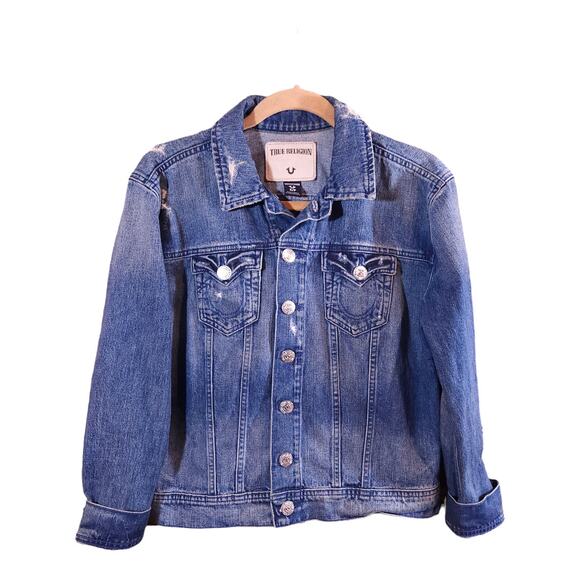 True Religion Gigi Destroyed Medium Wash Rigid Denim Trucker Jacket Women's S - Picture 3 of 8